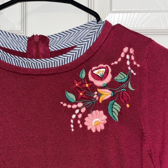Burgundy Floral Embroidered Sweater with Striped Hem - Picture 3 of 8